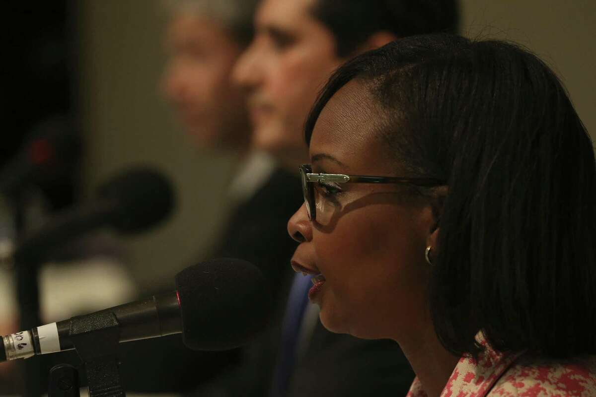 Mayor Ivy Taylor makes her closing statement during a San Antonio Mayoral Candidate Forum at the San Antonio Firefighters Banquet Hall, Wednesday, April 5, 2017. Also on the stage with Taylor were City Council member Ron Nirenberg and Bexar County Democratic Party Chairman Manuel Medina and Keven Roles.