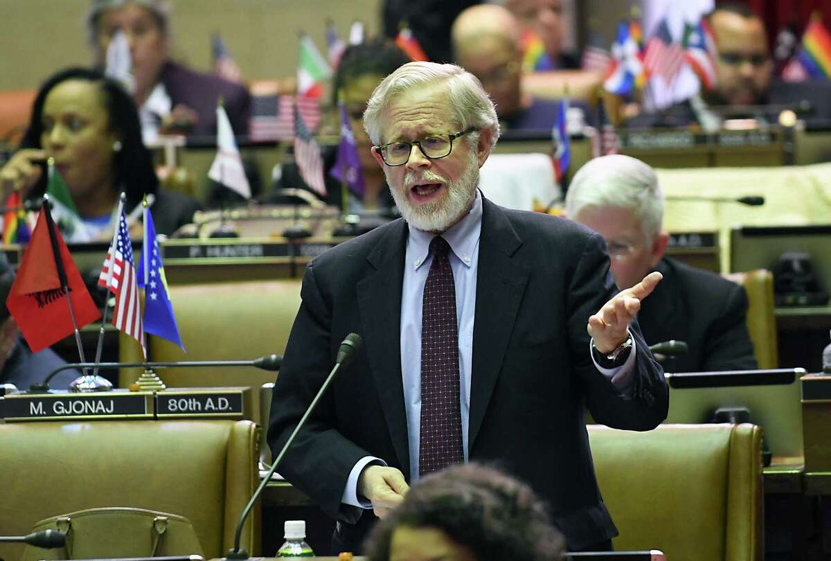 New York State Assemblymember Richard Gottfried explains his vote during budget bill voting at the Capitol Wednesday, April 5, 2017 in Albany, N.Y. (Lori Van Buren / Times Union)