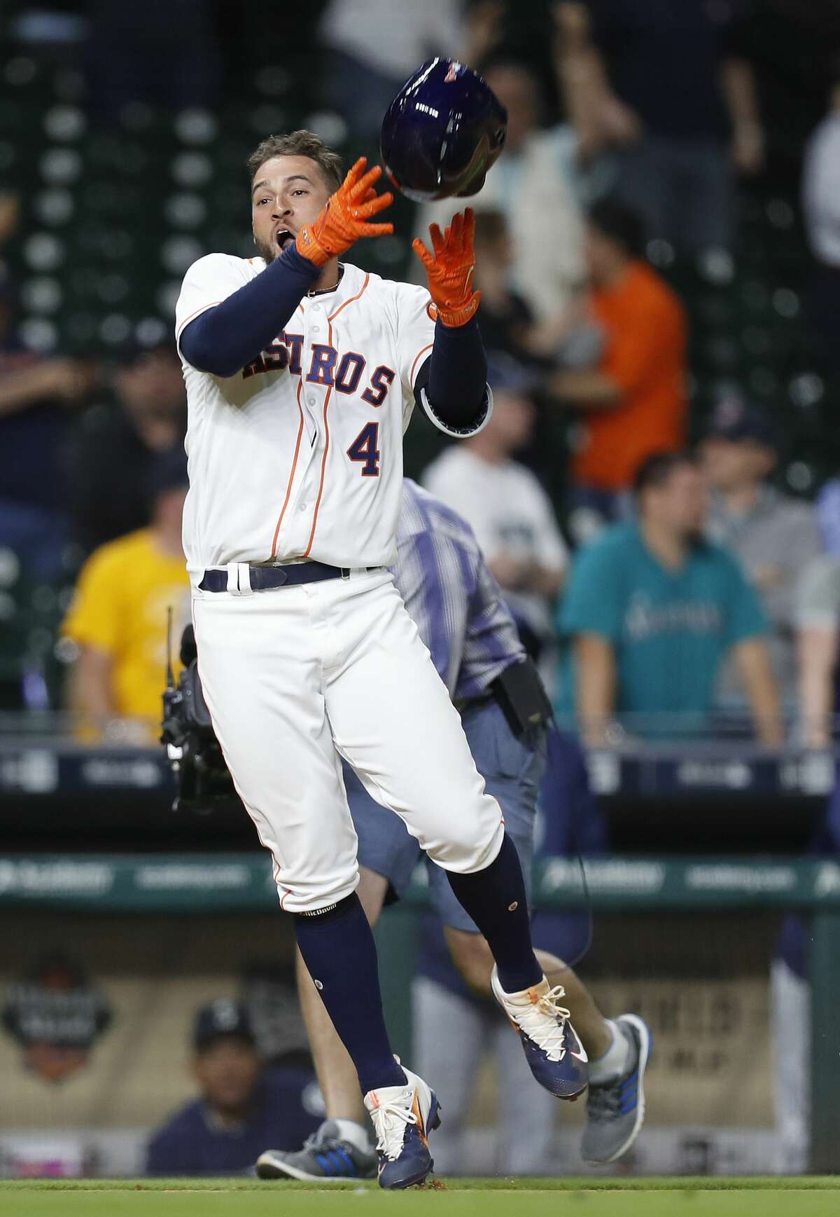 Houston Astros right fielder George Springer (4) celebrates his game winning home run in the thirteenth inning of an MLB baseball game at Minute Maid Park, Wednesday, April 5, 2017, in Houston. ( Karen Warren / Houston Chronicle )
