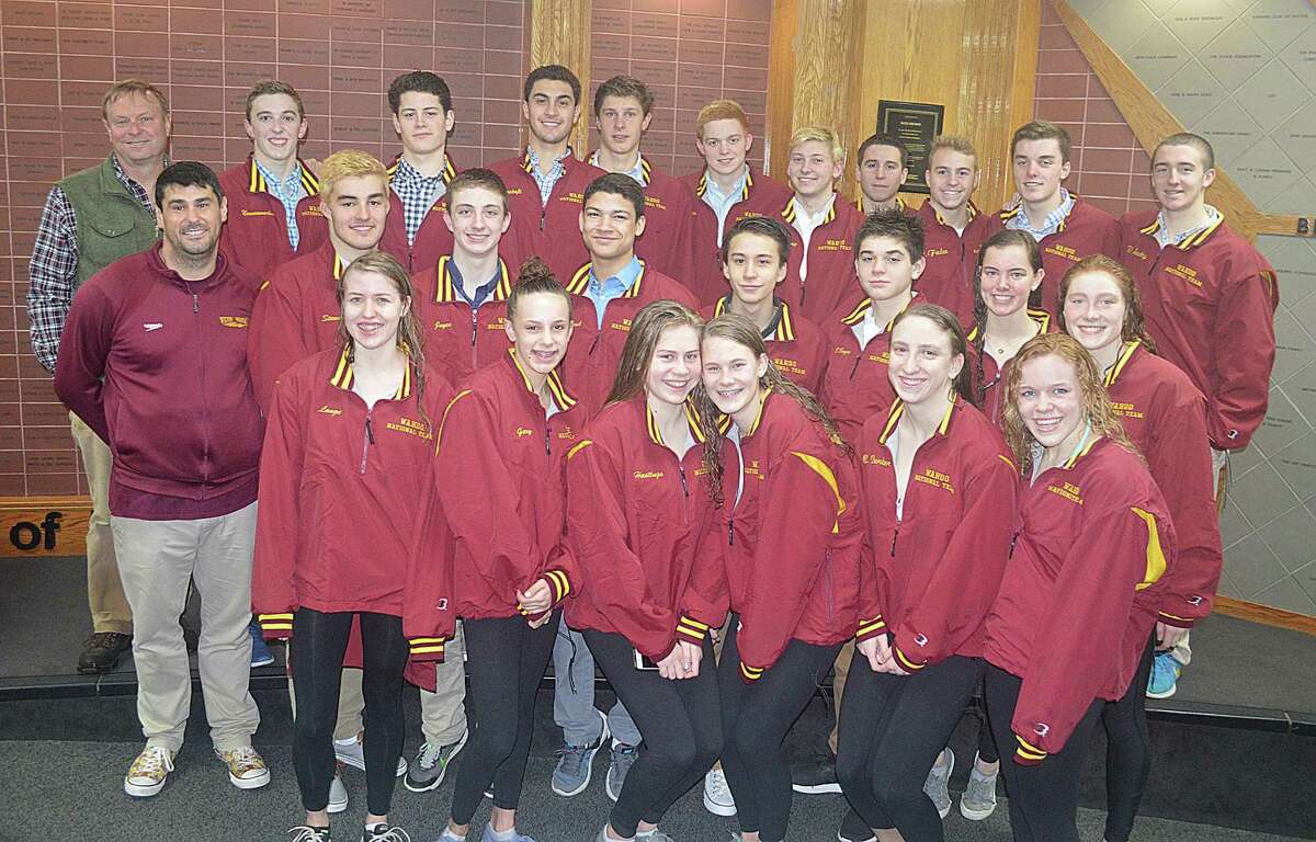 Wilton participants in the 2017 YMCA Short Course National Championship taking place April 3-7 in Greensboro, NC, include Robby Giller, Jake Kealy, Will Suchy, Gordon Steward, Emma Kauffeld, Ellen Holmquist and Leila Hastings. Other participants include Nick Nonnenmacher, Jack Lynch, James Mostofi, Erik Ryan, Kevin Santoro, Bexhet Dovolani, Wes Faces, Tim Joyce, Noah Cheruk, Ethan Murray, Brandon Berger, Katie Saladin, Brenna McLaughlin, Grace Lange, Bella Gary and Cathy Buroker. Missing from the photo is Noah Mascoll Gomes. They are coached by Randy Erlenbach and Matt Hall.