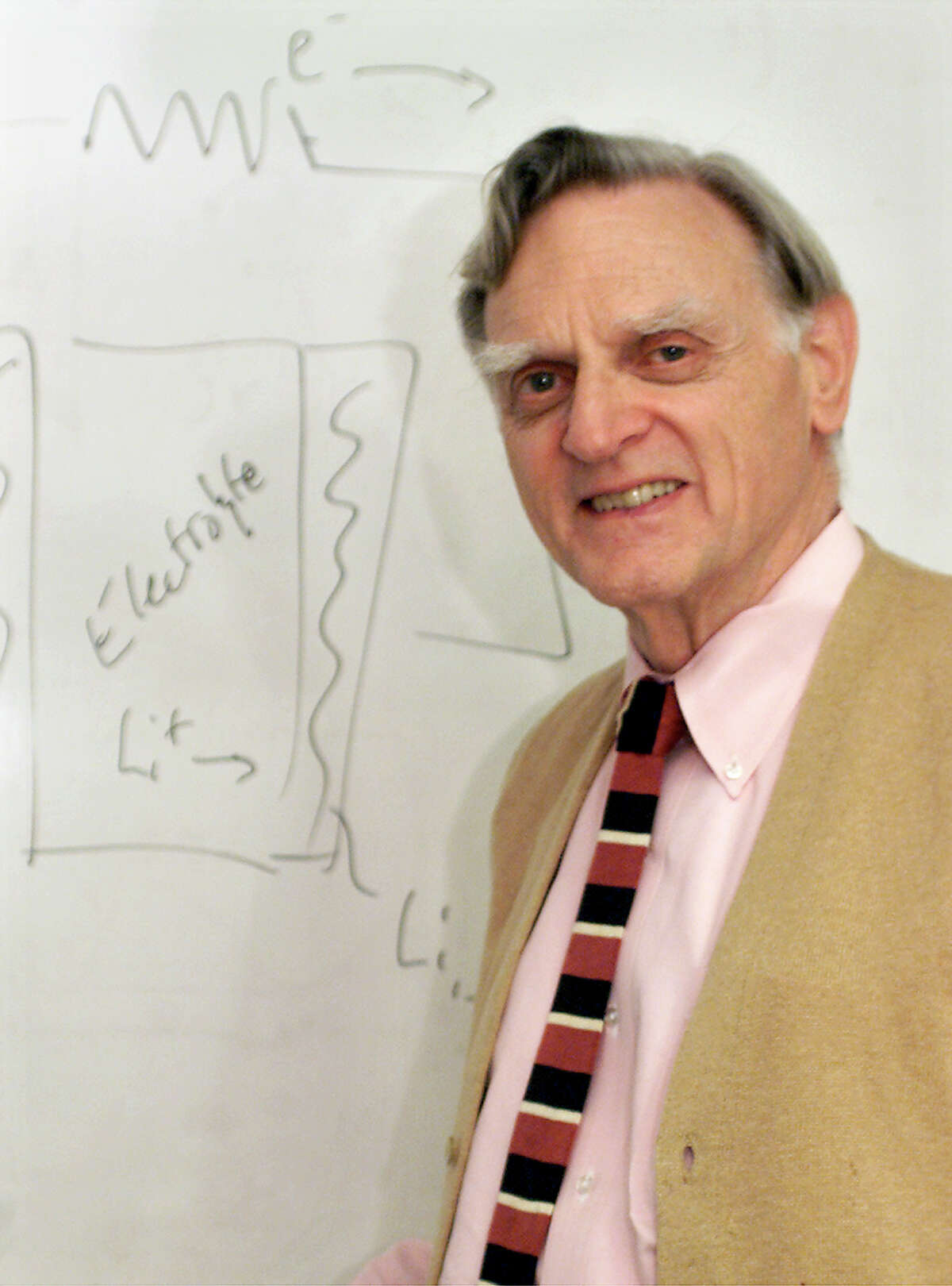 John B. Goodenough in front of his diagram of a battery on the board in his office at the University of Texas in Austin Friday afternoon 12/15/00 photo by Rebecca McEntee/AA-S. HOUCHRON CAPTION (06/05/2004): UT Professor John B. Goodenough, 81, developed technology for the lithium battery.
