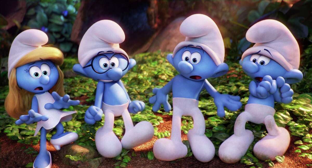 Joe Manganiello, Demi Lovato, Jack McBrayer and Danny Pudi in "Smurfs: The Lost Village." (Sony Pictures)
