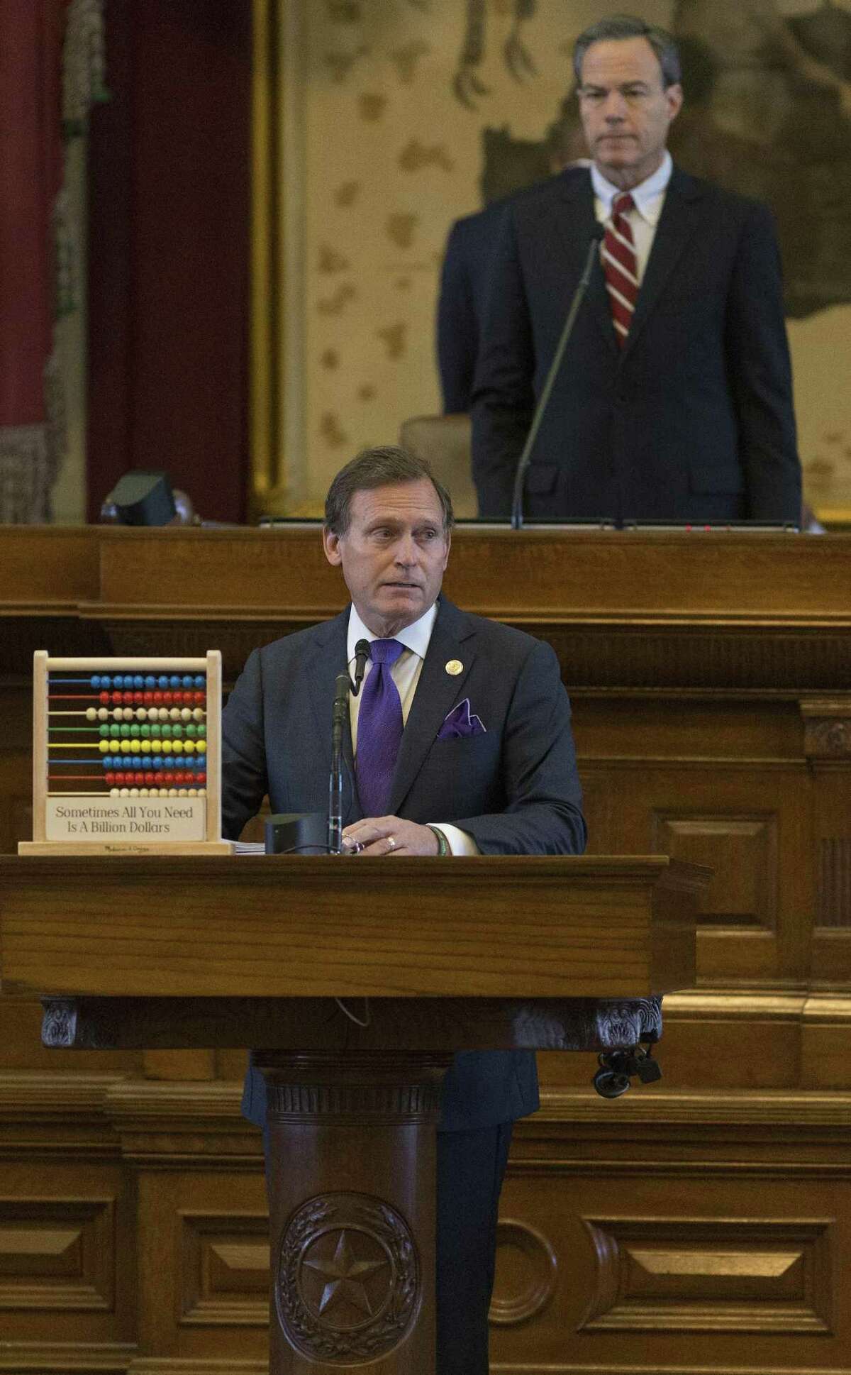 House Appropriations Committee chairman Rep. John Zerwas, left, speaks on the floor during a House session to pass a budget for the next two years at the Texas Capitol in Austin, Thursday, April 6, 2017. House Speaker Joe Straus watches from the dais. (Stephen Spillman / for Express-News)