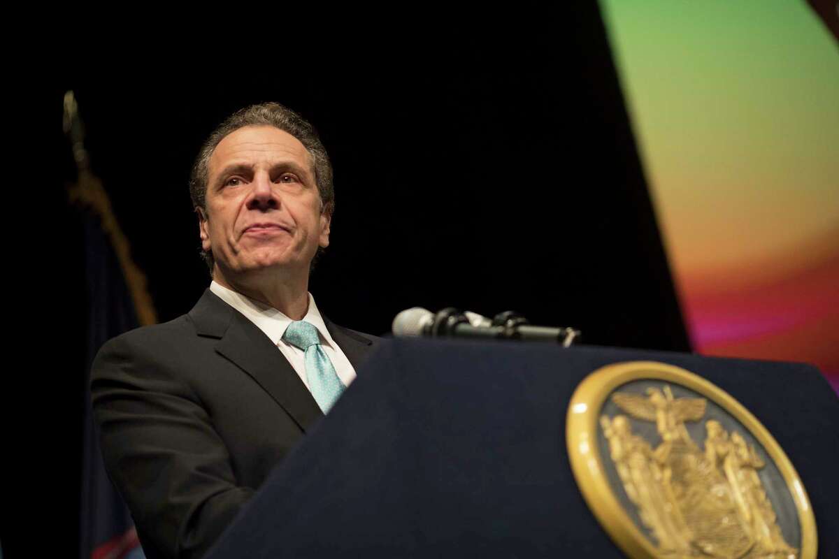 FILE -- Gov. Andrew Cuomo speaks at the Orthodox Union Student Rally, Egg Hart Theater, in Albany, N.Y., March 1, 2017. New York's Mayor Bill de Blasio has been talking up his desire to create a new tax on home sales above $2 million in the city, a so-called mansion tax, for almost two years, eagerly playing the snowball to AlbanyOs hell over an idea that not even his allies think is viable. (Nathaniel Brooks/The New York Times) ORG XMIT: XNYT115