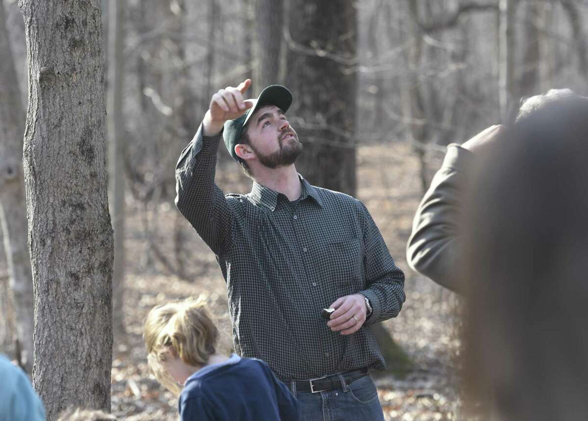 Photos from the Greenwich Land Preserve maple tapping demonstration at Lapham Preserve in Greenwich, Conn. Tuesday, March 8, 2016. Folks trekked through the woods at the Lapham Preserve learning distinctive characterstics to identify maple trees. Conservation Outreach Director Steve Conaway demonstrated how to tap a tree and extract the sap, which is then boiled to remove water until it reaches 67% sugar, at which point it is classified as maple syrup.