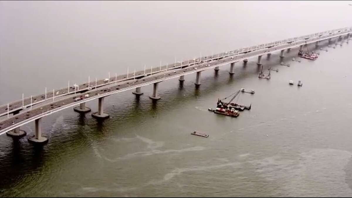 KTVU captured these images of the fuel spill containment effort following a barge going under on the San Francisco Bay. 