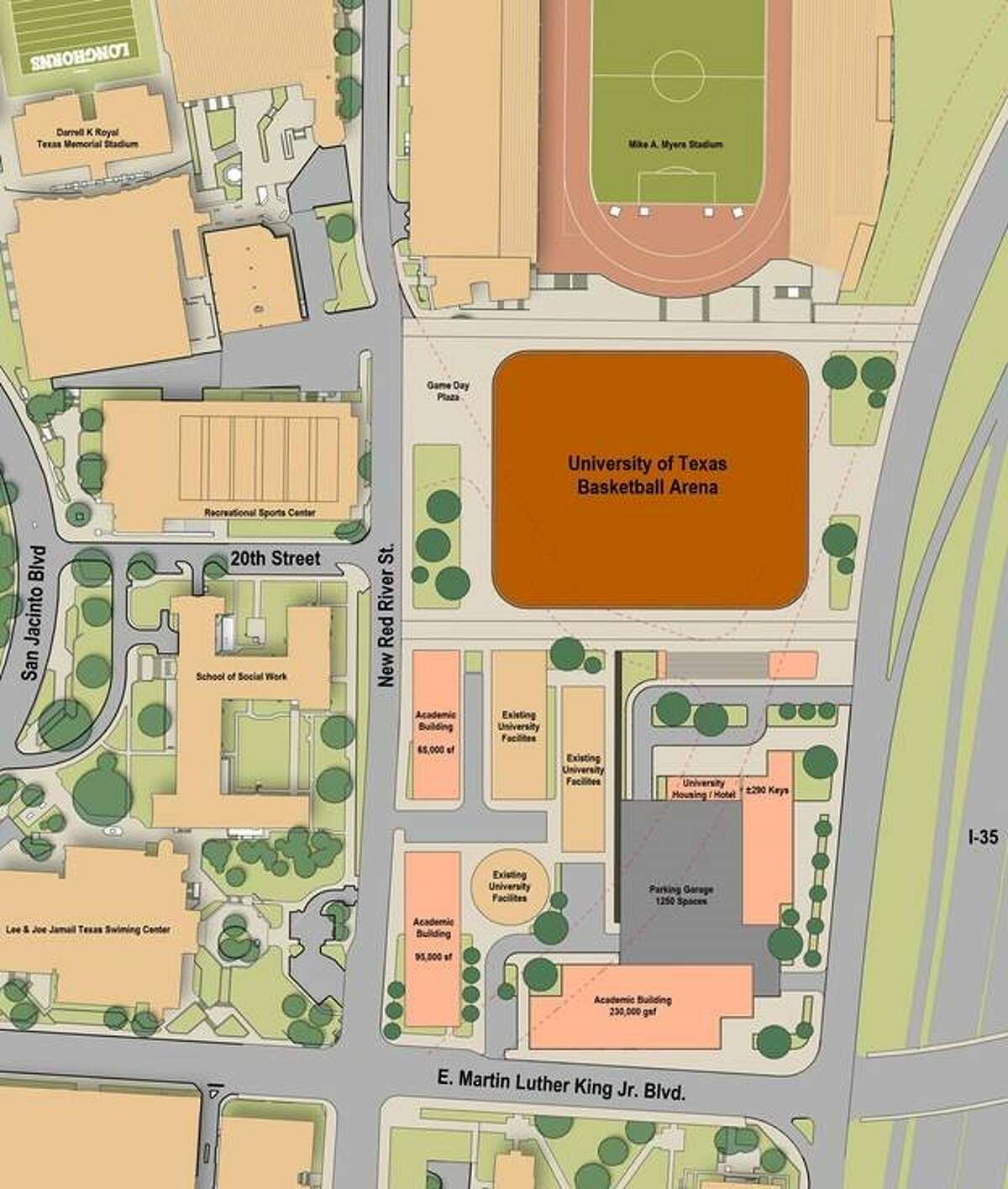 Proposed site for Texas' new basketball arena, which well replace the Frank Erwin Center.