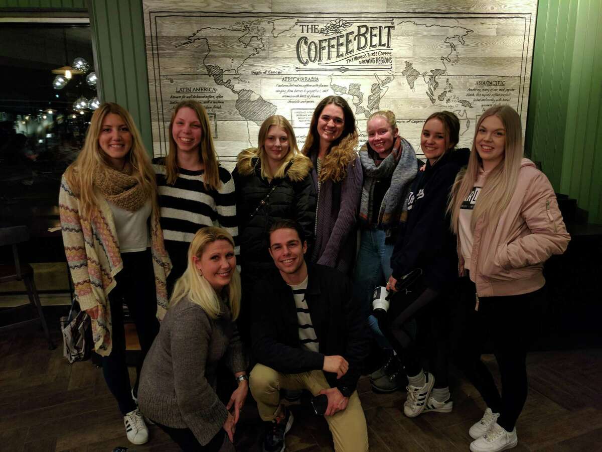 Hollace Shantz, local childcare consultant with Cultural Care, with some of her group members at Starbucks on Greenwich Avenue in March 2017. Bottom row, left to right: Hollace Shantz, U.S.; and Raphael Guez, France. Top row, left to right: Sofia Rovner, Argentina; Denise van Dijk, Netherlands; Amanda Anderssen, Sweden; Kayla Nieuwoudt, South Africa; Jeannie Mucker, Germany; Ella Turner, Australia; Rosafiia Kananoja, Finland.