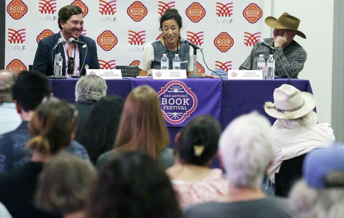 Authors (from left) Alex Schenker, Maya Perez and Craig Johnson talk about their works at a panel discussion during the 2017 San Antonio Book Festival.