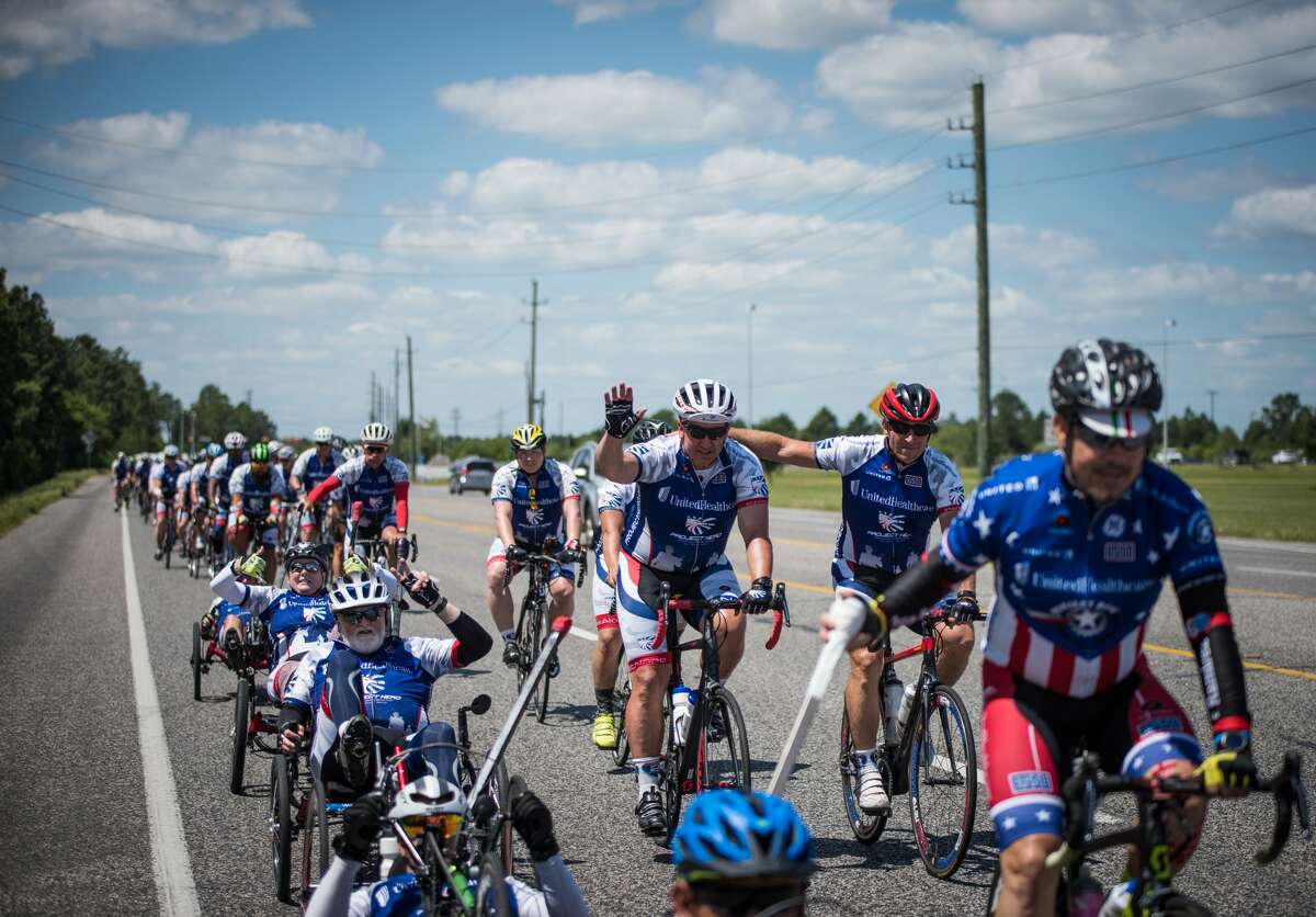 Close to 100 wounded veterans biked from Montgomery to Houston on Saturday in the final leg of a 500-mile therapeutic ride across the state. The veterans and other bicyclists, including wounded first responders, were riding in the Texas for UnitedHealthcare Texas Challenge, a ride that began in San Antonio and concluded at George Bush Intercontinental Airport in Houston. The wounded heroes were in Montgomery overnight after finishing their previous leg of the journey in Hearne.
