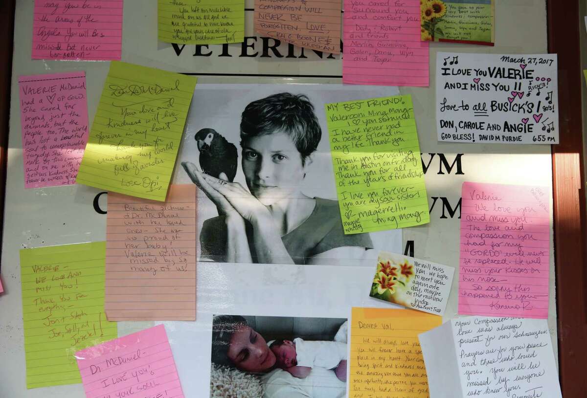 Valerie McDaniel's friends and family left expressions of their love for the veterinarian at a candlelight vigil on March 31, four days after she leaped to her death from the seventh floor of her River Oaks condominium.