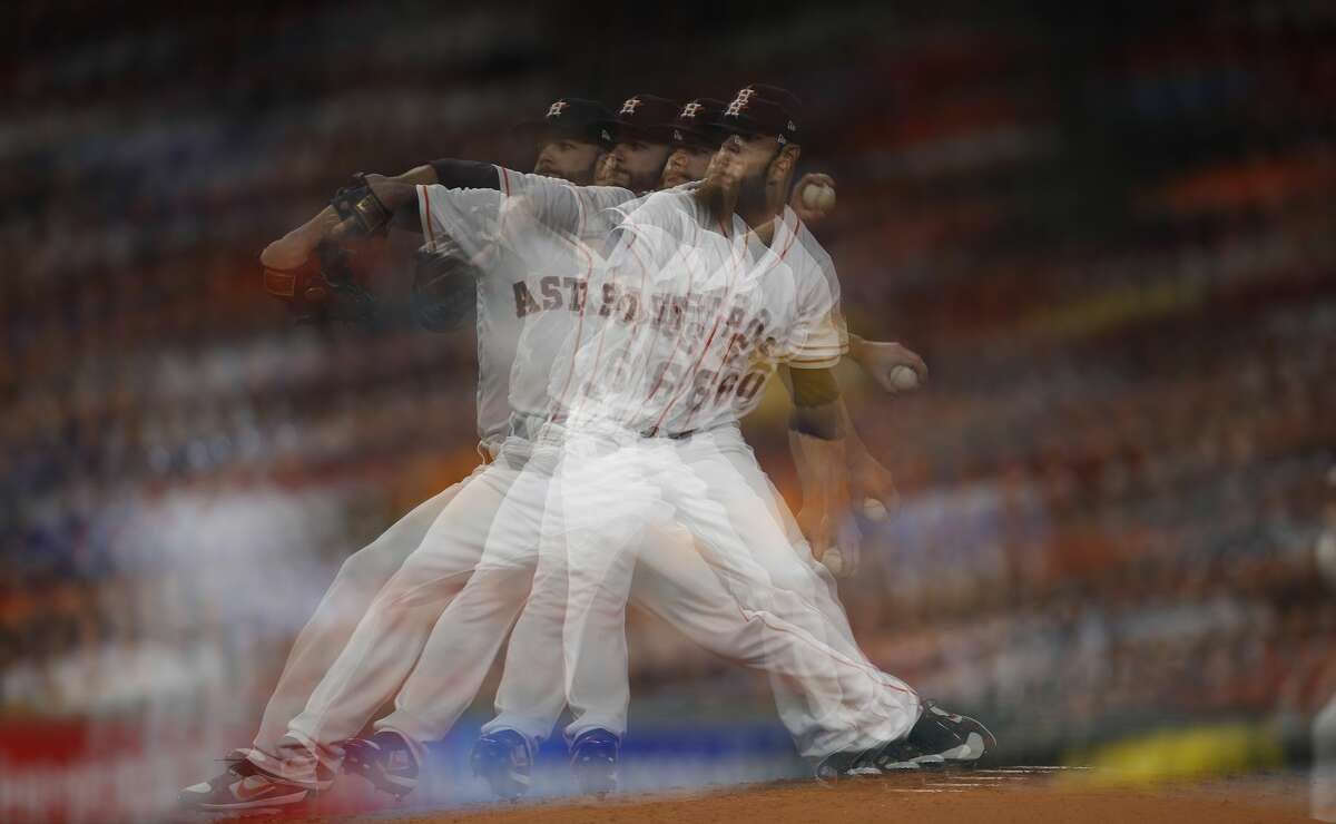 Multiple exposure of Houston Astros starting pitcher Dallas Keuchel (60) pitching during the sixth inning of an MLB baseball game at Minute Maid Park, Saturday, April 8, 2017, in Houston. ( Karen Warren / Houston Chronicle )