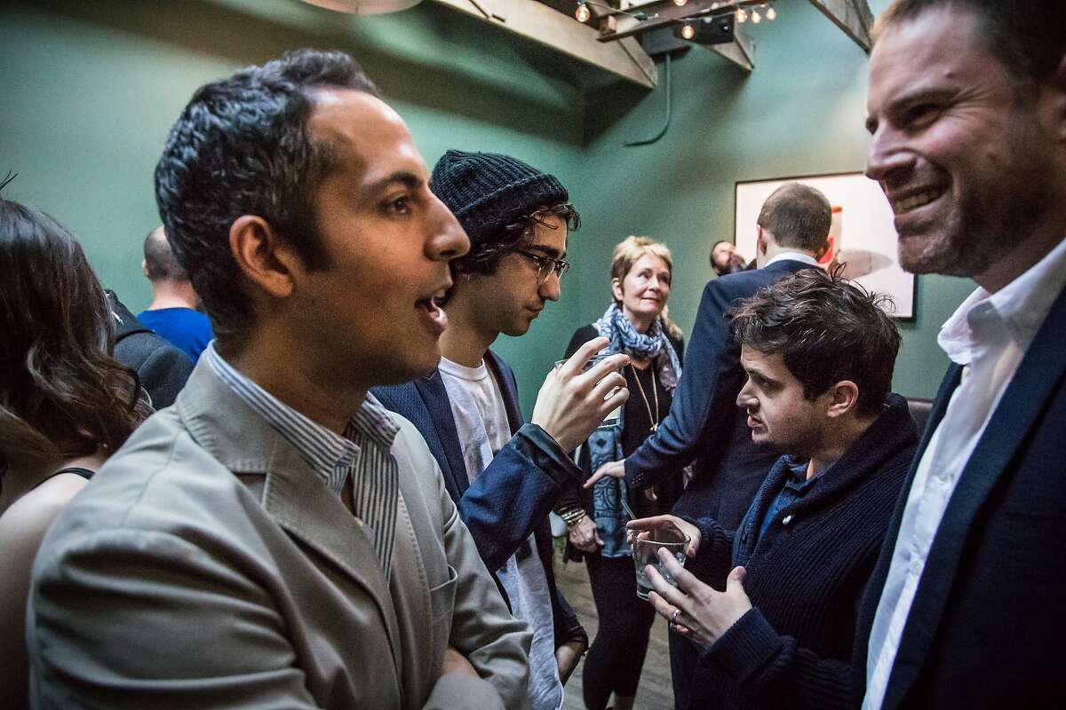 Abdi Nazemian, actor Alex Wolff, director Peter Livoisi and Tom Dolby chat at the afterparty for "The House of Tomorrow" at Tacolicious on Saturday, April 8, 2017 in San Francisco, Calif.