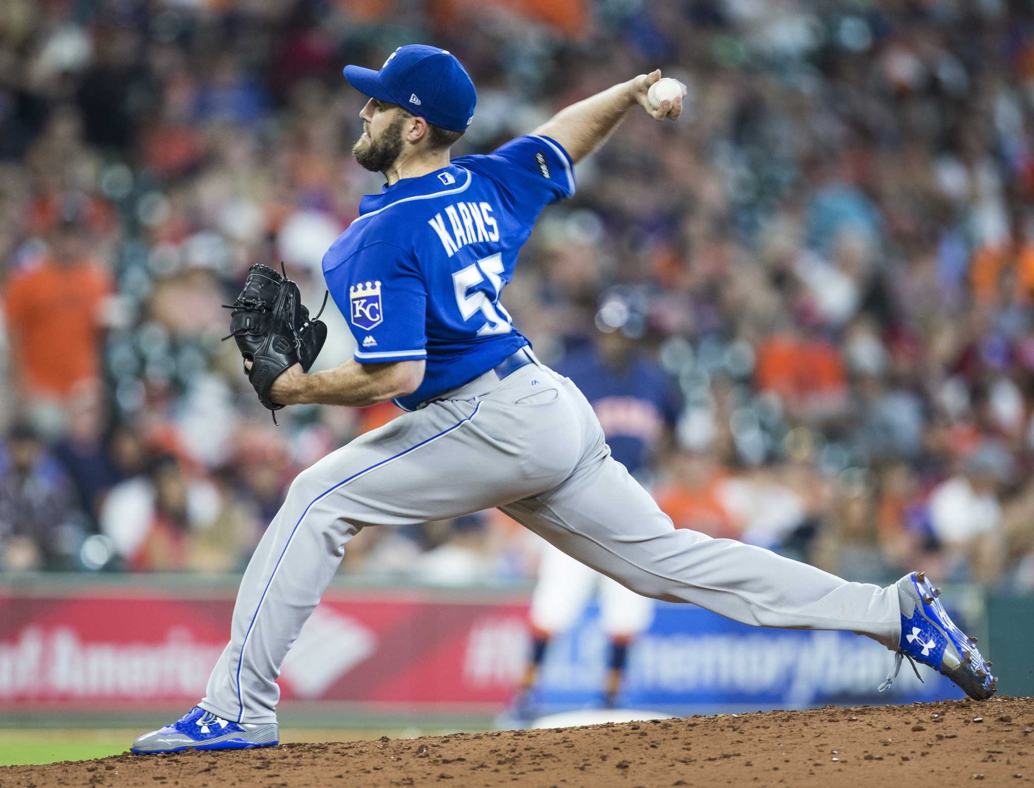 Houston, TX, USA. 9th Apr, 2017. Houston Astros starting pitcher Lance  McCullers Jr. (43) throws a pitch during the MLB game between the Kansas  City Royals and the Houston Astros at Minute