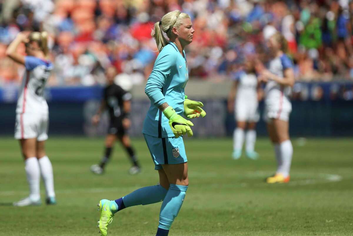 U.S.A. goalkeeper Jane Campbell (18), also Houston Dash player, substitutes Ashlyn Harris during the second half of the game BBVA Compass Stadium Sunday, April 9, 2017, in Houston.