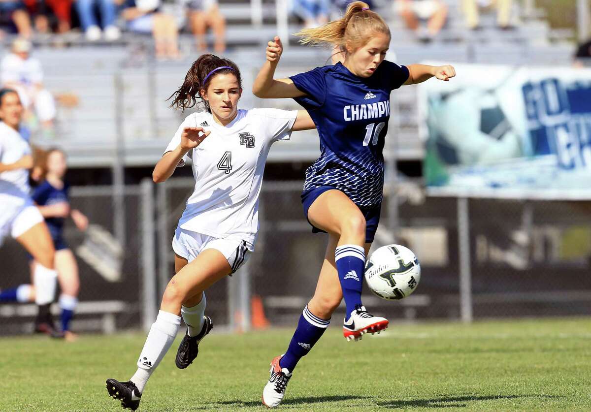 Boerne Champion’s Jillian Hayes reaches to control the ball against Corpus Christi Flour Bluff during the Region IV-5A semifinals on April 7, 2017, at Cabaniss Soccer Field in Corpus Christi.