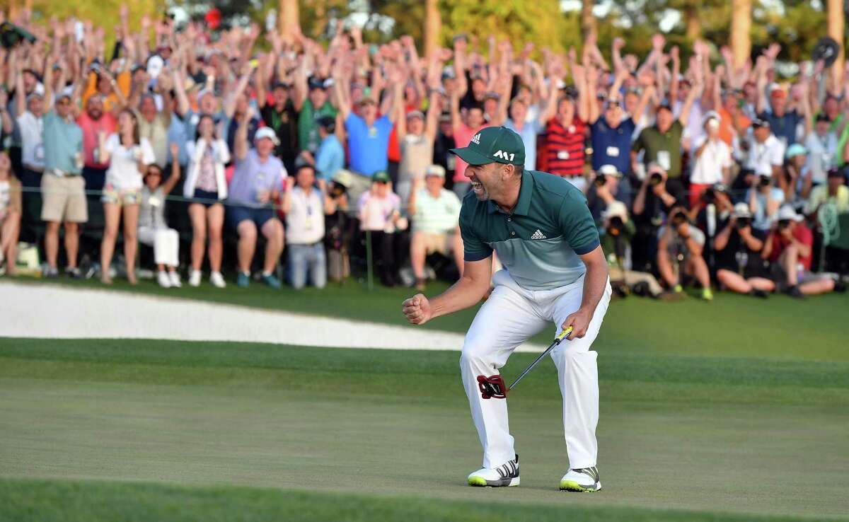 Sergio Garcia reacts as he wins the green jacket as Masters champion following a one-hole playoff on April 9, 2017.