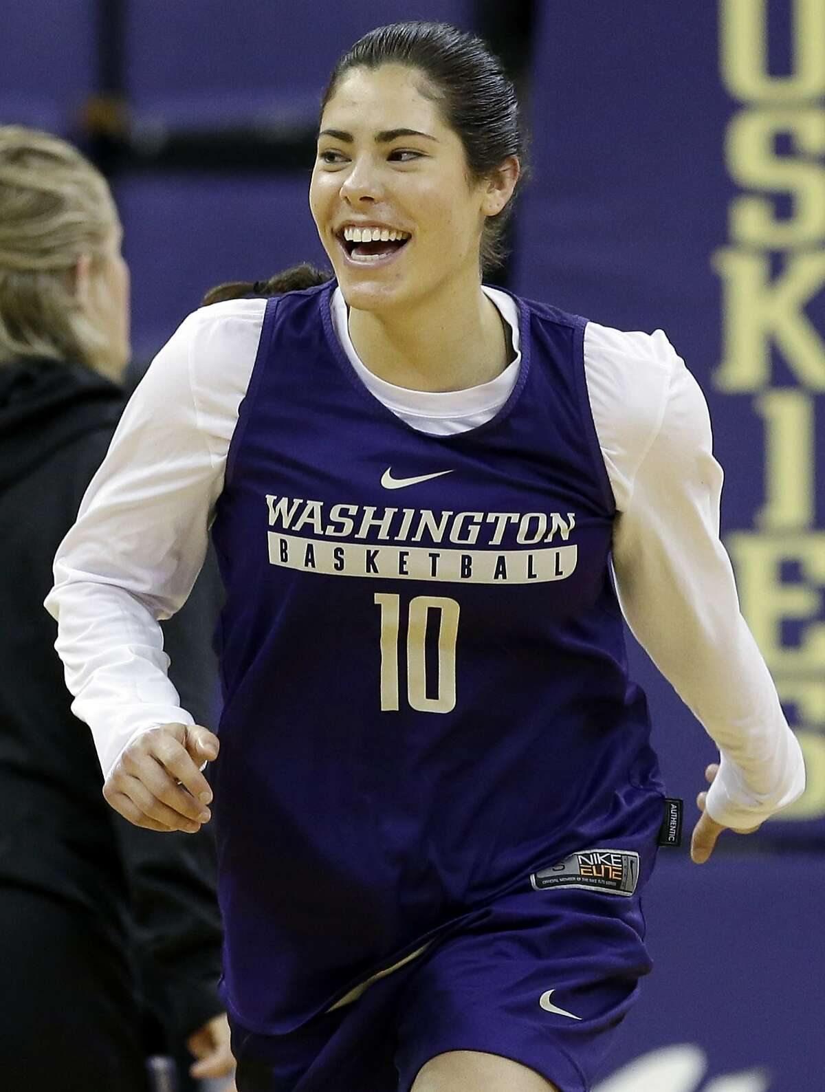 In this March 17, 2017, file photo, Washington's Kelsey Plum smiles as...