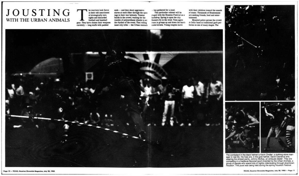 Houston Chronicle inside page - July 28, 1985 - section Texas Magazine, page 10-11. JOUSTING WITH THE URBAN ANIMALS