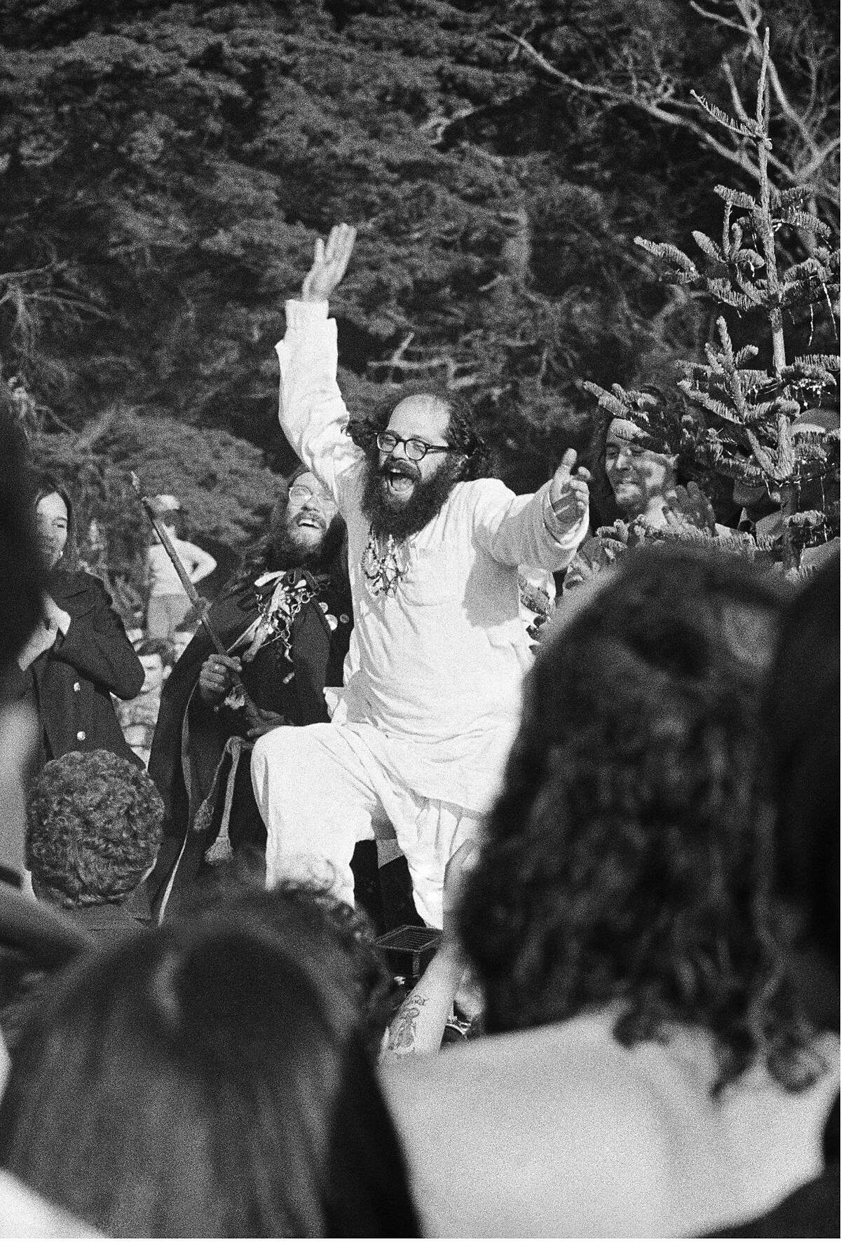 Allen Ginsberg dances to the Grateful Dead at the "Gathering of the Tribes" in 1967.