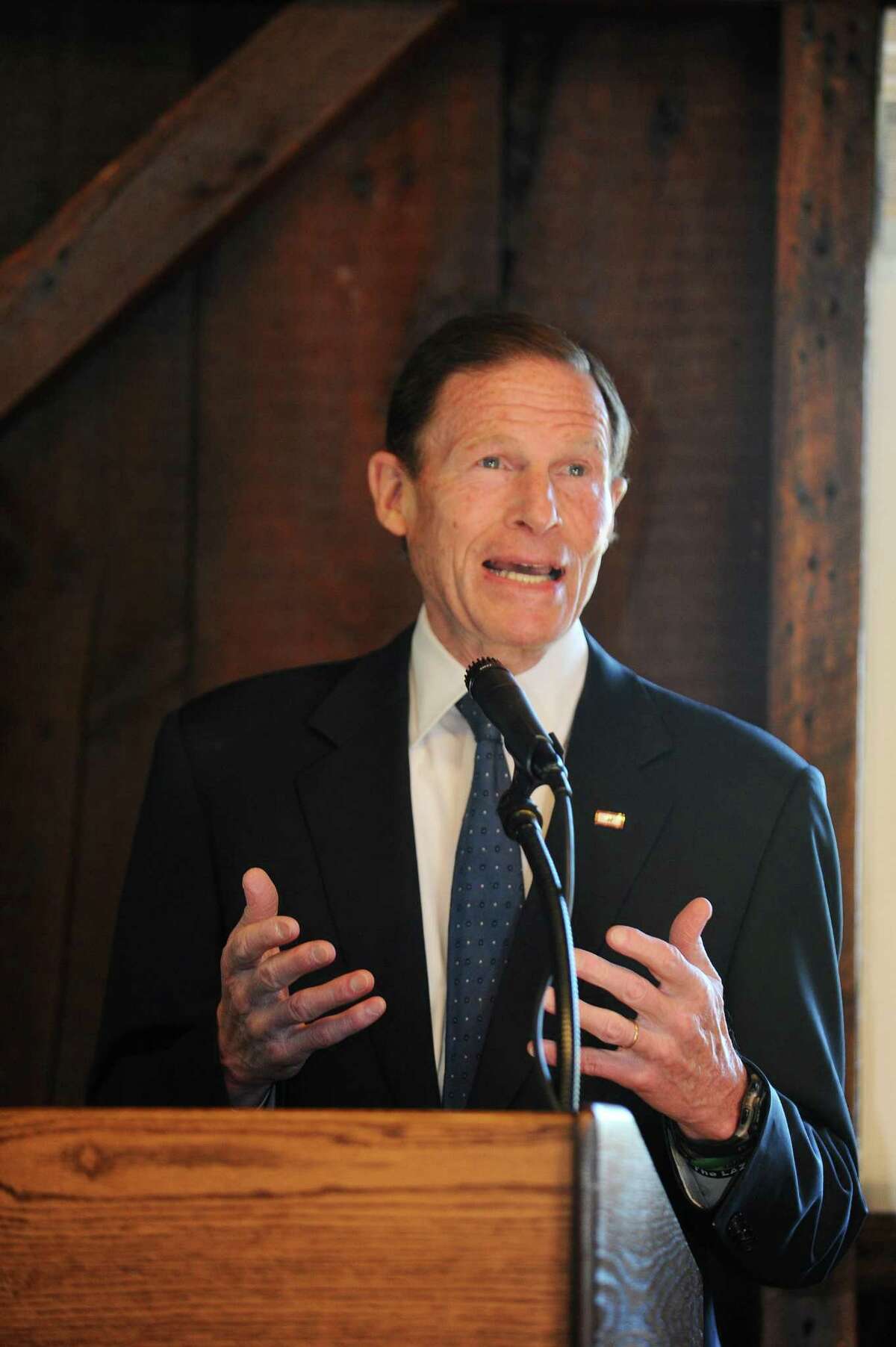 U.S. Sen. Richard Blumenthal (D, Conn.) speaks before the groundbreaking at the Greenwich Historical Society in Greenwich, Conn. on Sunday, April 9, 2017.