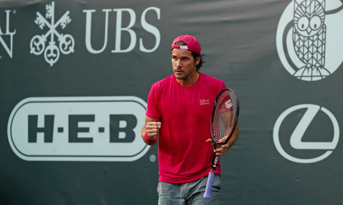 Tommy Haas celebrates after defeating Reilly Opelka during the Fayez Sarofim & Co. U.S. Men's Clay Court Championships at River Oaks Country Club on Monday April 10, 2017 in Houston, Texas. Photo by Aaron M. Sprecher/ROCC