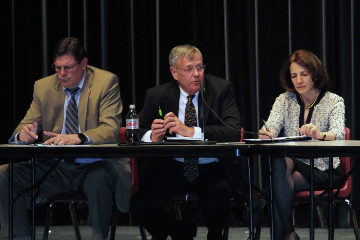 State Rep. Tom O’Dea, R-New Canaan, Connecticut Department of Transportation Commissioner James Redeker, and state Rep. Gail Lavielle, R-Wilton, at the Metro-North Danbury line commuter forum on Monday, April 10, 2017, at Wilton High School’s Clune Center.