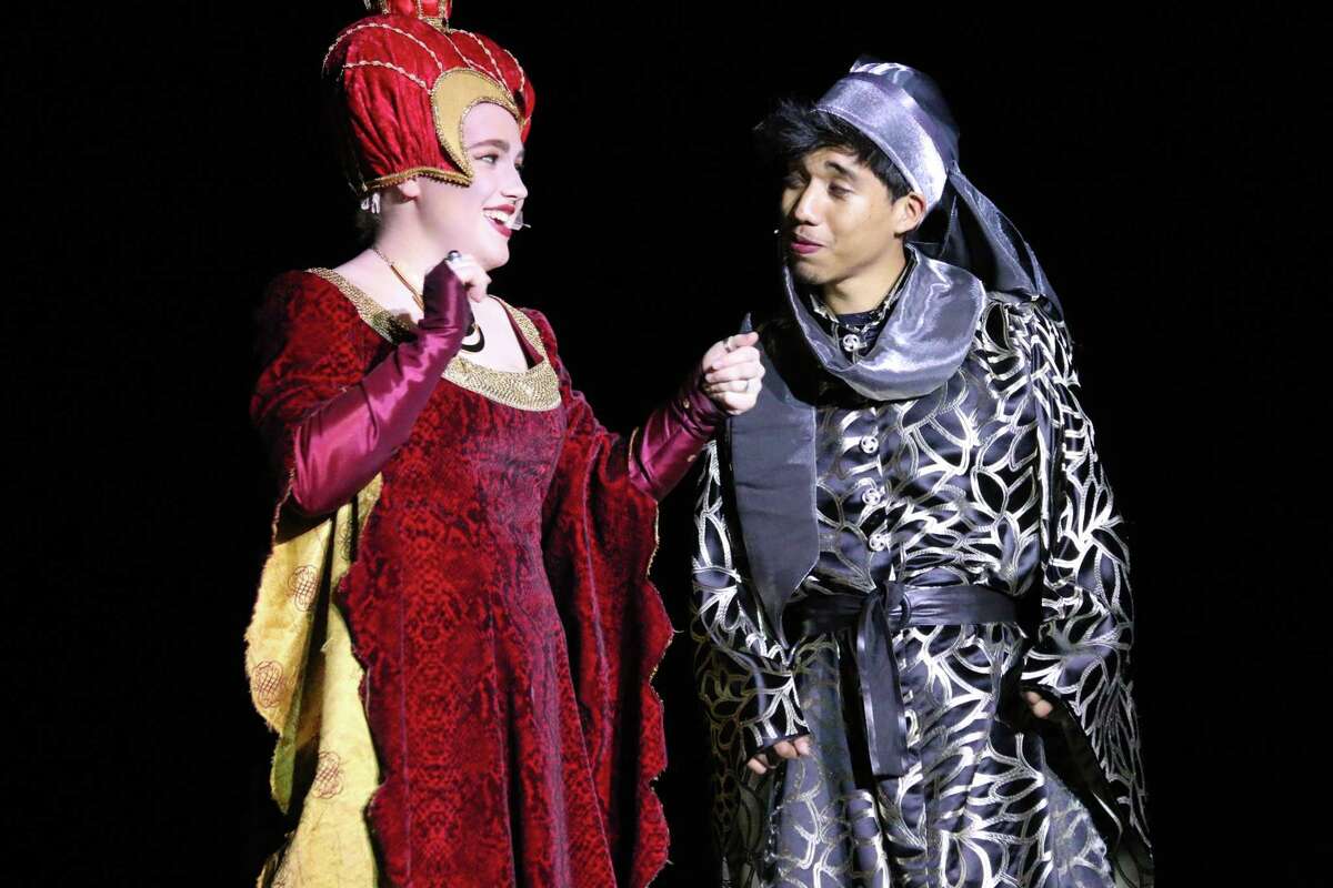 Sarah Meyer and Blas Osorio perform in South Houston High School's "Once Upon a Mattress.".