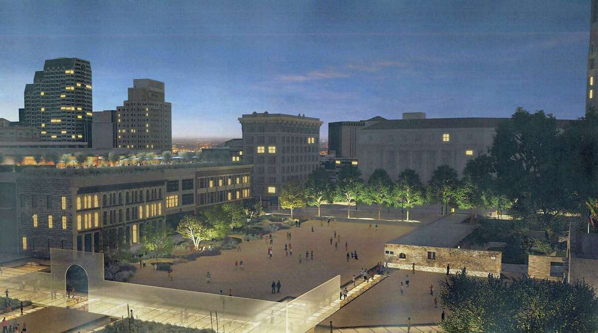This artist's rendering shows the appearance of Alamo Plaza under a master plan that would include an interpretation of the south wall and historic main gate of the mission and 1836 battle compound, made of structural glass, as it would appear at night. Other features include a 135,000-square-foot museum; historic footings of the historic walls displayed under structural glass; and interpretation of an acequia, or water canal, on the west end of the plaza.
