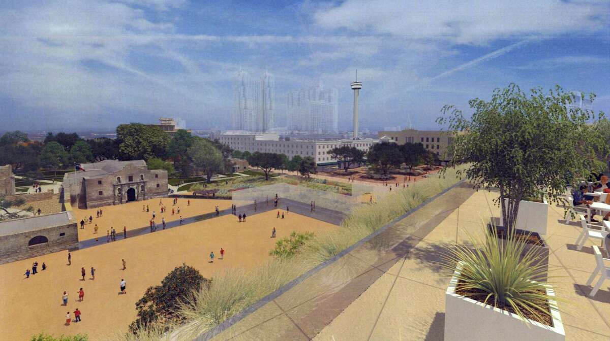 This artist's rendering shows the appearance of Alamo Plaza under a master plan that would include an interpretation of the south wall and historic main gate of the mission and 1836 battle compound, made of structural glass. This view shows the plaza looking from the west, from a rooftop deck on top a four-story museum.