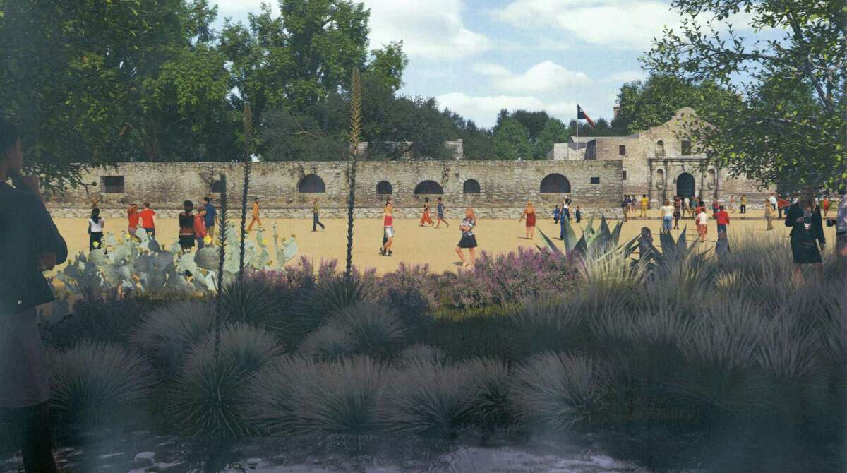 This is a rendering of the same view of Alamo Plaza from the west, under the Alamo master plan, with a replicated acequia and drought-tolerant landscaping in the foreground.