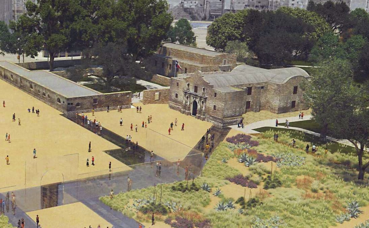 This rendering shows the appearance of Alamo Plaza under a master plan that would include an interpretation of the south wall and historic main gate of the mission and 1836 battle compound, made of structural glass. Planners are apparently abandoning that glass wall. In fact, the plan should be viewed as just a start.