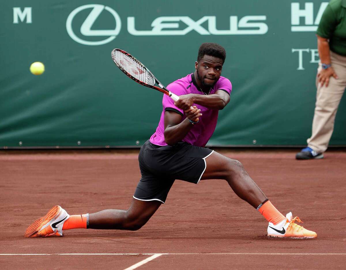 Frances Tiafoe plays against Tomaz Bellucci at the 2017 Fayez Sarofim & Co. U.S. Men's Clay Court Championship at the River Oaks Country Club, Wednesday, April 12, 2017, in Houston.