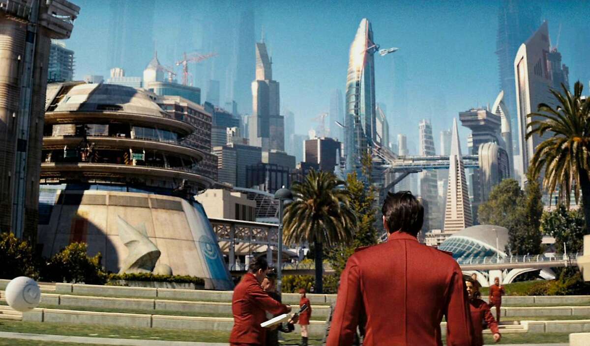 Did the 2009 movie "Star Trek," foresee the Salesforce Tower? The Transamerica Pyramid is recognizable on the skyline of 23rd century San Francisco. But check out that oblong building to its left.