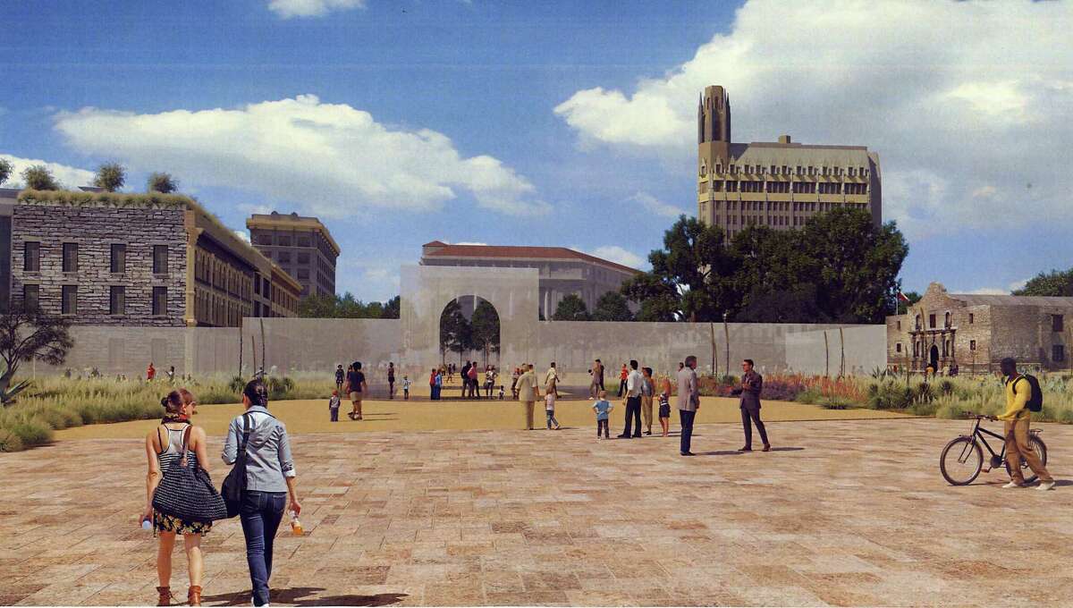 This artist's rendering shows the appearance of Alamo Plaza under a master plan that would include an interpretation of the south wall and historic main gate of the mission and 1836 battle compound, made of structural glass.