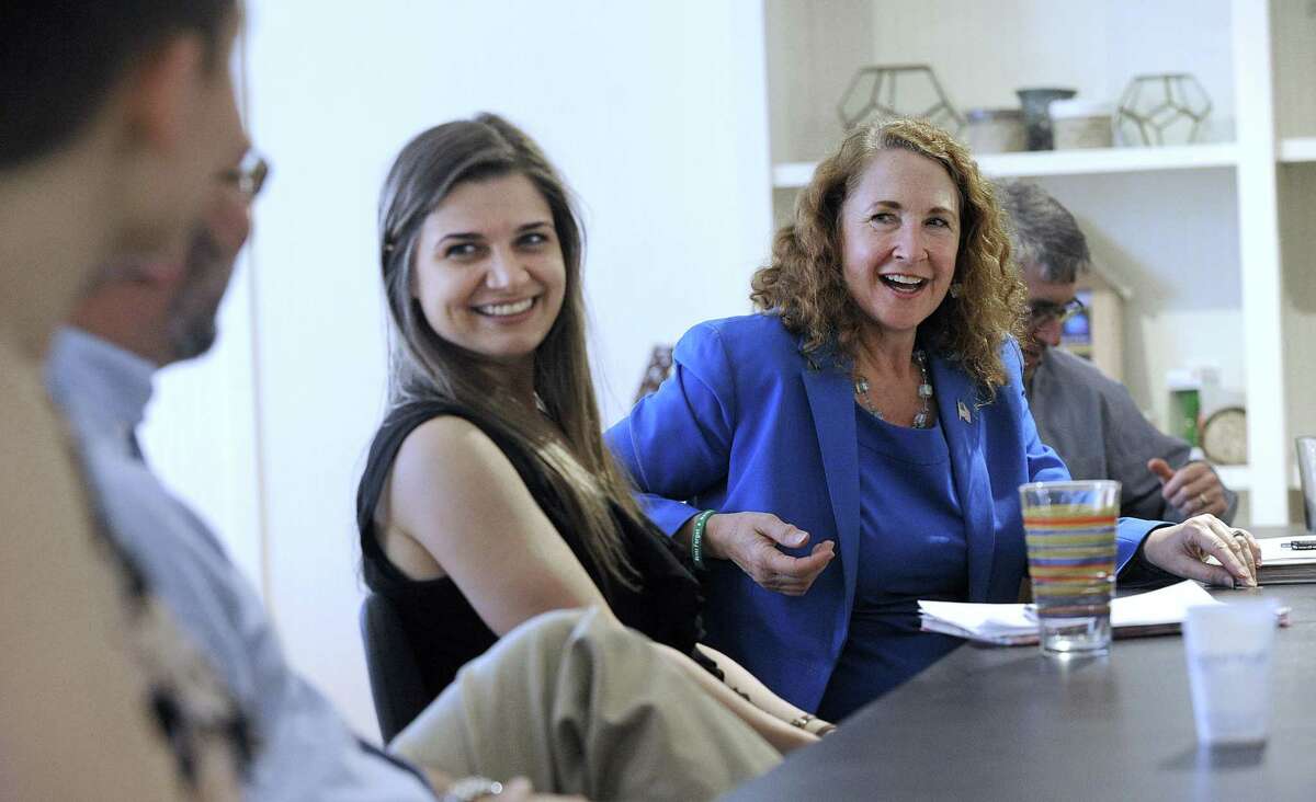 U.S. Rep. Elizabeth Esty, second from right, visits the Makery Coworking space on Bank Street in New Milford on Tuesday for a roundtable discussion with local entrepreneurs and town officials about the state’s entrepreneurial scene. At left is Jaimie Gerst, of Litchfield.