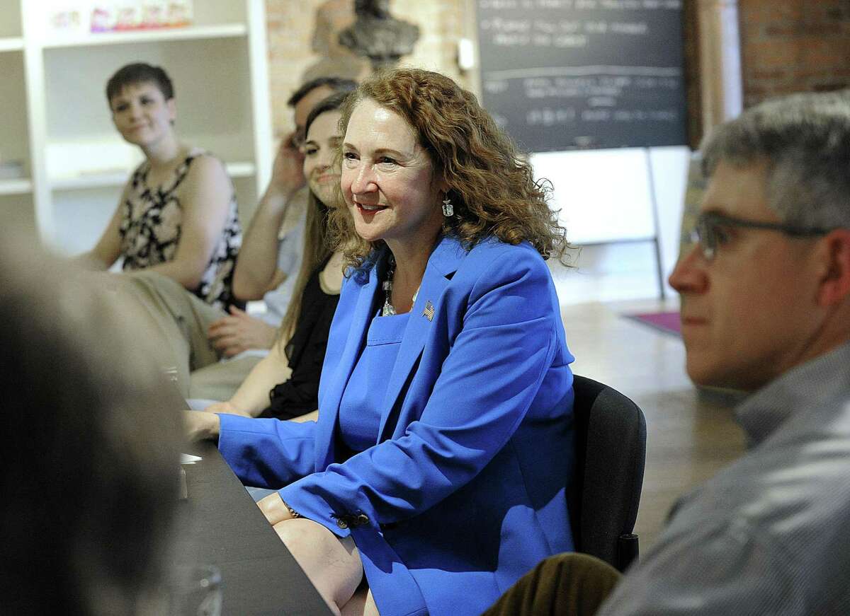 U.S. Rep. Elizabeth Esty, center, visits the newly opened Makery Coworking space on Bank Street in New Milford, Tuesday, April 11, 2017, for a round table discussion with local entrepreneurs and town officials about the state?’s entrepreneurial scene.