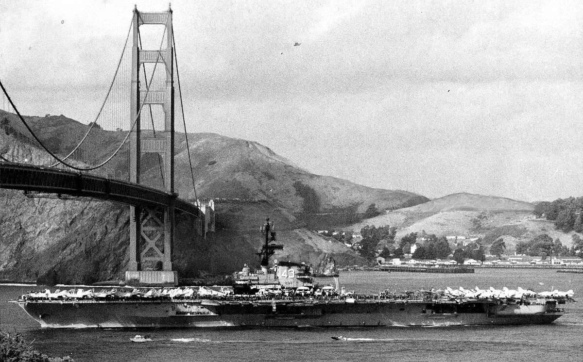 The U.S. Navy aircraft carrier Coral Sea arrives, passing under the Golden Gate Bridge, November 12, 1971 Photo ran 11/13/1971, p. 18