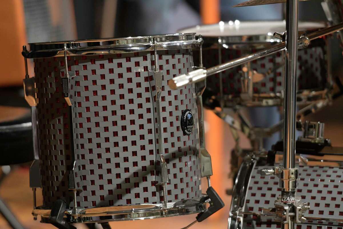 One of three drums made in part from Lego building blocks was trained today by drummer Brian Melick as they were on display at Hudson Valley Community College on Thursday, April 12, 2017 in Troy, NY (Skip Dickstein / Times Union)