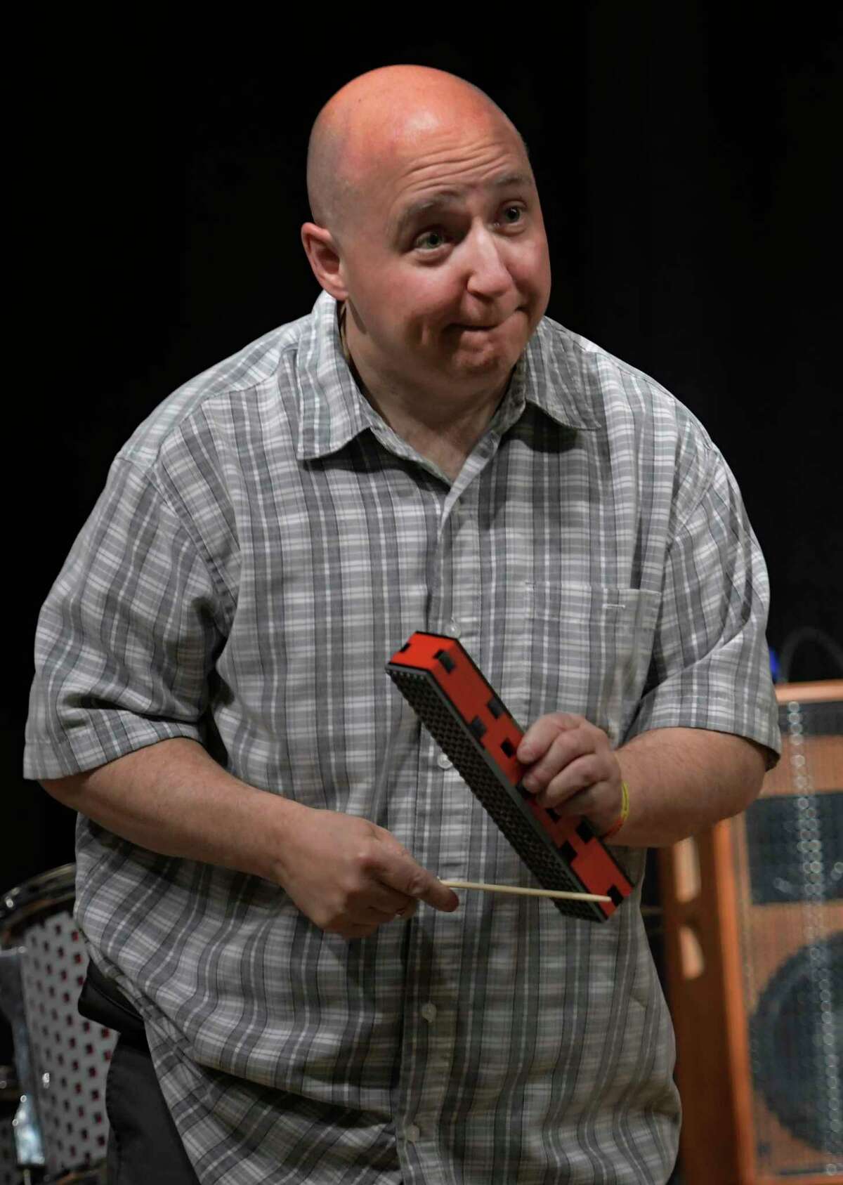 Drummer Brian Melick shows off some of his other Lego-built percussion instruments during a demonstration at Hudson Valley Community College on Thursday, April 12, 2017, in Troy, NY (Skip Dickstein / Times Union)