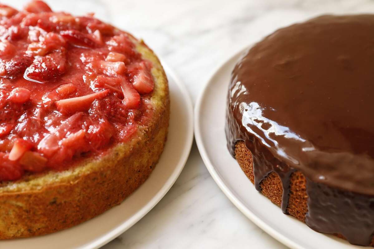 Jessica Battilana's Pistachio cake with rhubarb and strawberry compote, left, and chocolate ganache are seen on Thursday, April 13, 2017 in San Francisco, Calif.