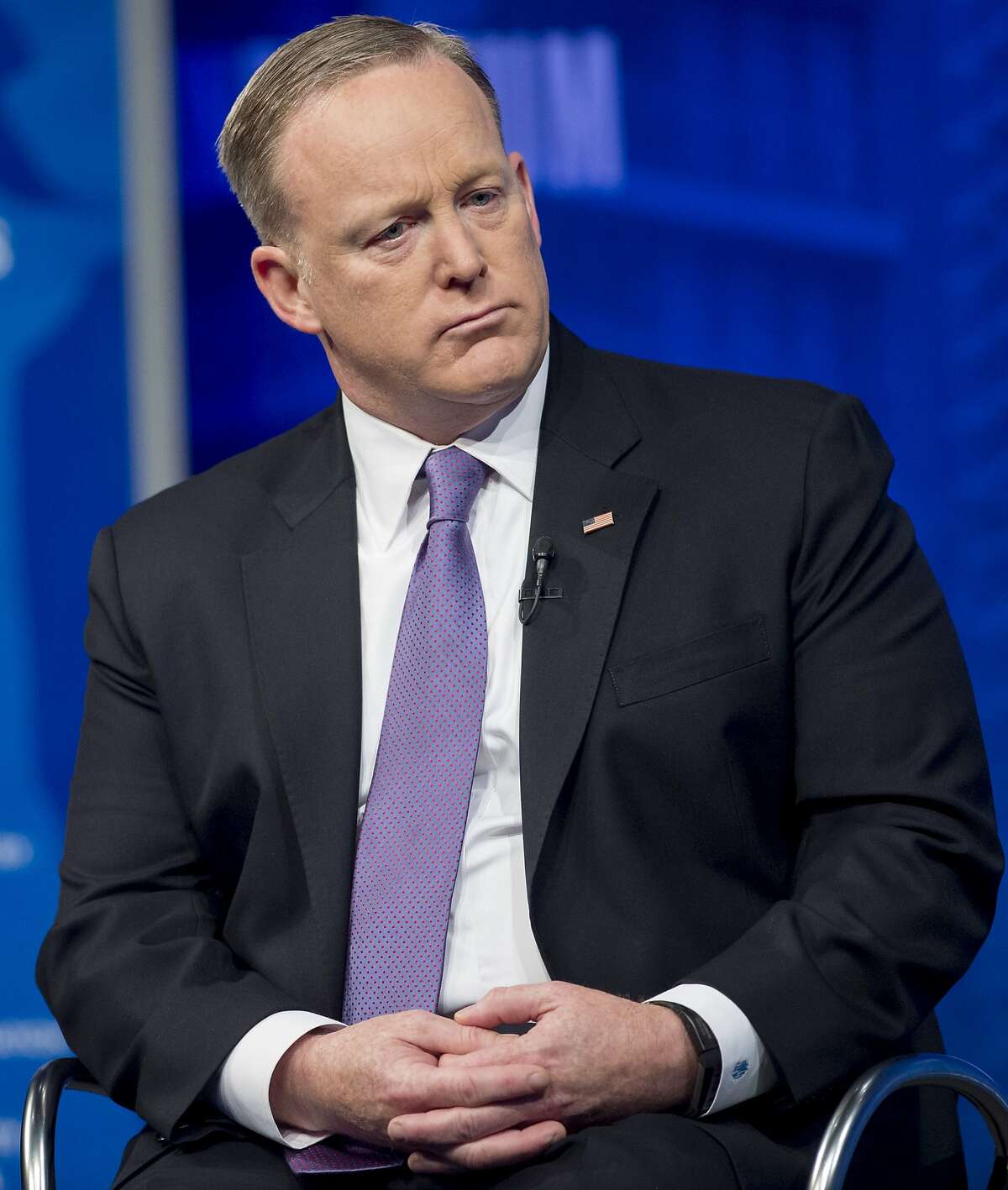 White House Press Secretary Sean Spicer speaks during "The President and the Press: The First Amendment in the First 100 Days" forum at the Newseum in Washington, DC, April 12, 2017. / AFP PHOTO / SAUL LOEBSAUL LOEB/AFP/Getty Images