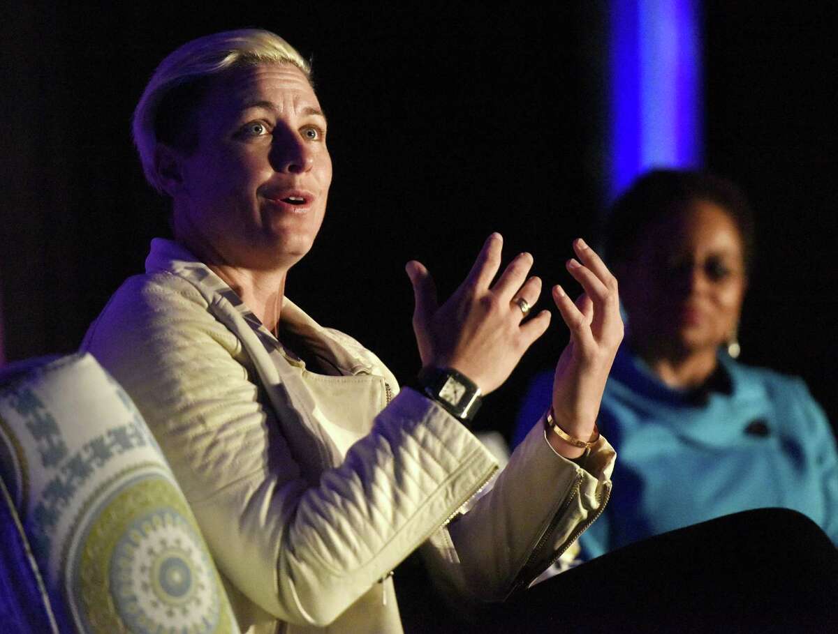 Retired U.S. soccer star Abby Wambach delivers the keynote speech at Fairfield County's Community Foundation's Fund for Women and Girls Annual Luncheon at the Hyatt Regency ballroom in Old Greenwich, Conn. Thursday, April 7, 2016. Wambach answered questions to the luncheon's theme - the strength, resiliency and power of women and girls. She also addressed her recent driving under the influence arrest, which occurred Sunday, April 3 in Portland, Oregon.