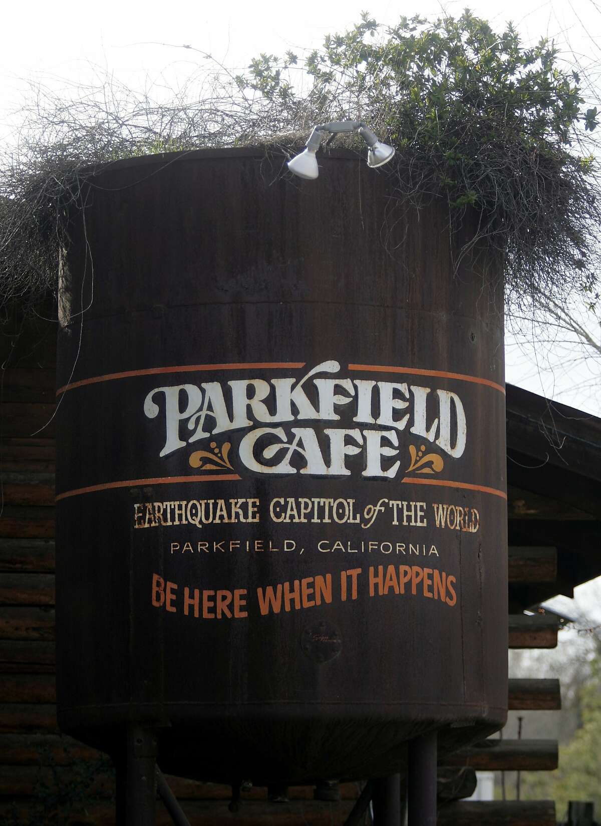 The sign outside the Parkfield Cafe in Parkfield, Calif., a small town located nearly equal distance between Los Angeles and San Francisco, sits on the San Andreas fault and is the self-proclaimed, "Earthquake Capital of the World." 