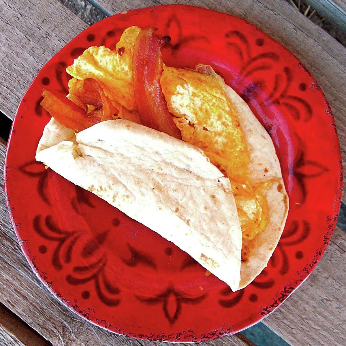 Bacon and egg taco on a flour tortilla from Cazadores Restaurant & Motel.
