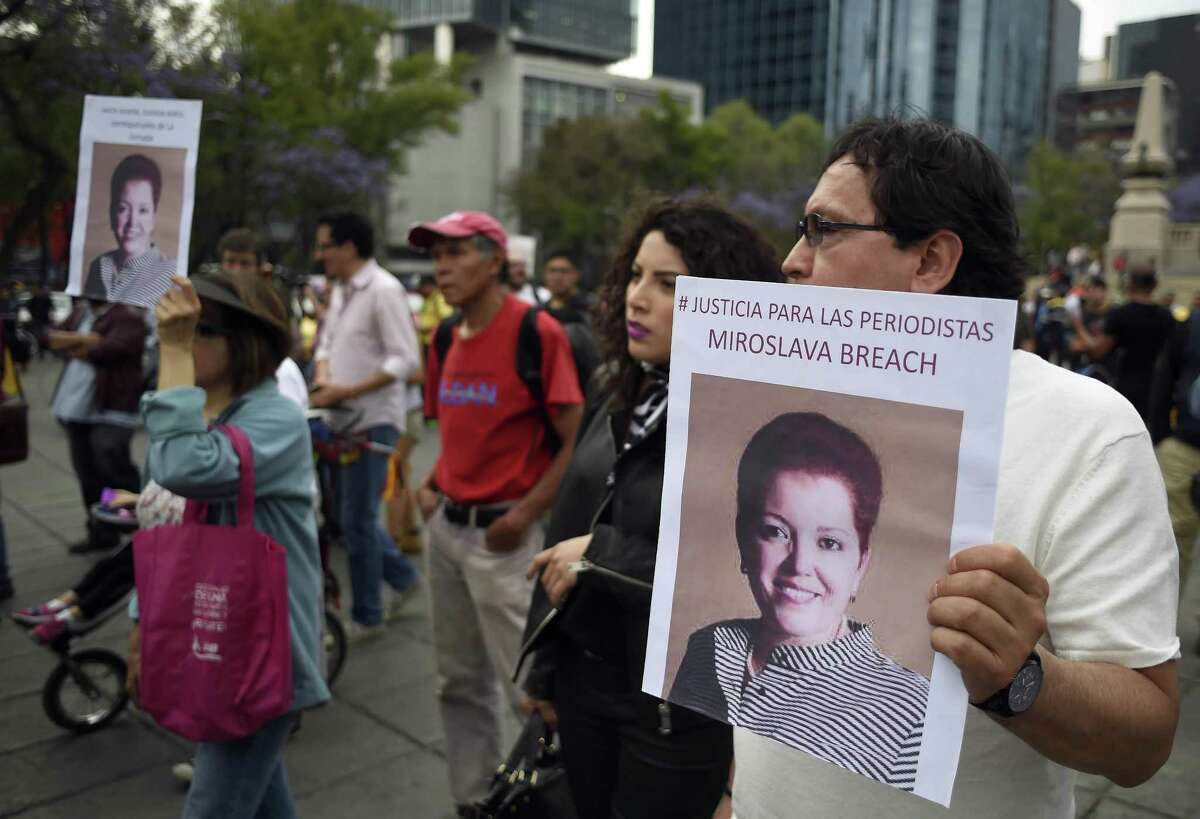 Miroslava Breach Demonstrators protest last month’s murder of journalist Miroslava Breach of La Jornada newspaper. Breach, who investigated drug gangs, was murdered in Chihuahua in front of her home.