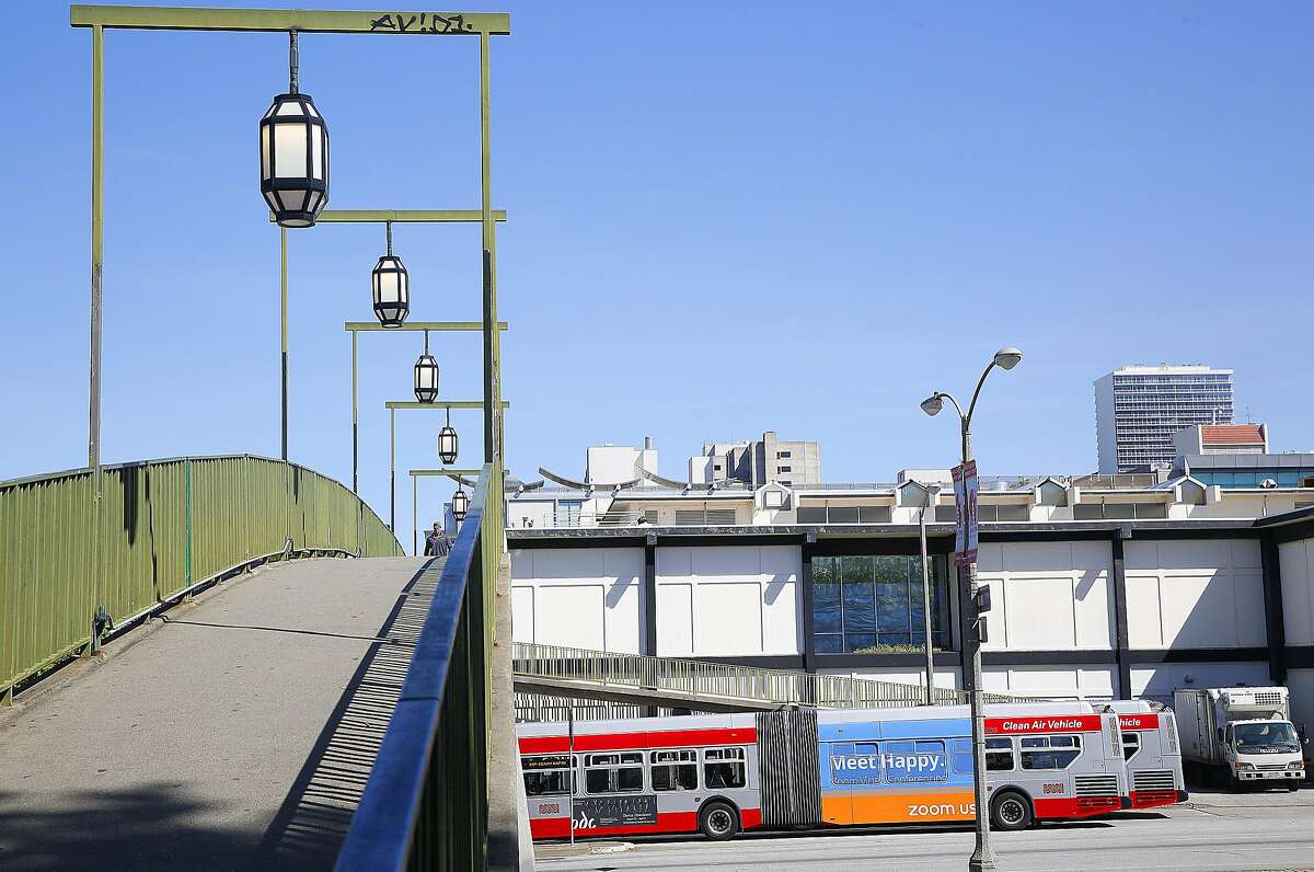 The 38 Geary bus is seen on a bridge over Geary Blvd. leading to Japantown on Friday, April 14, 2017, in San Francisco, Calif.