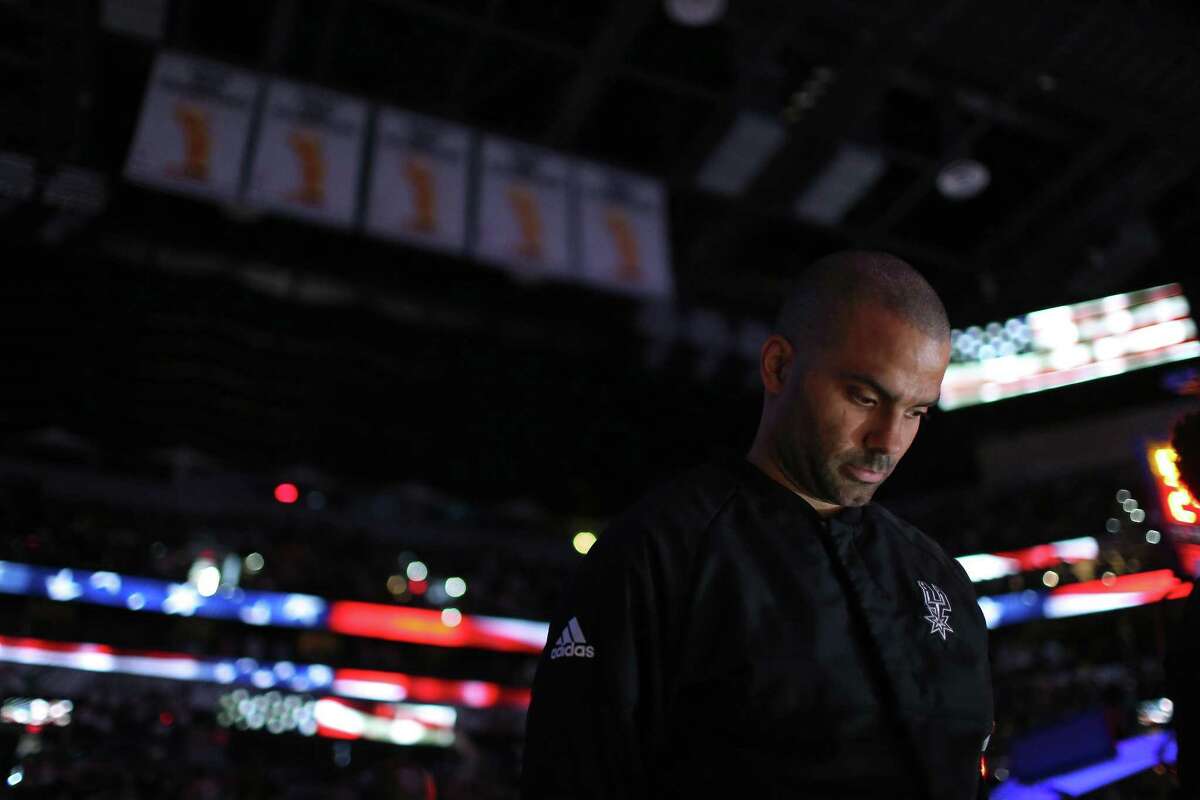 Spurs’ Tony Parker stands during the national anthem before the game with the Utah Jazz on April 2, 2017 at the AT&T Center.