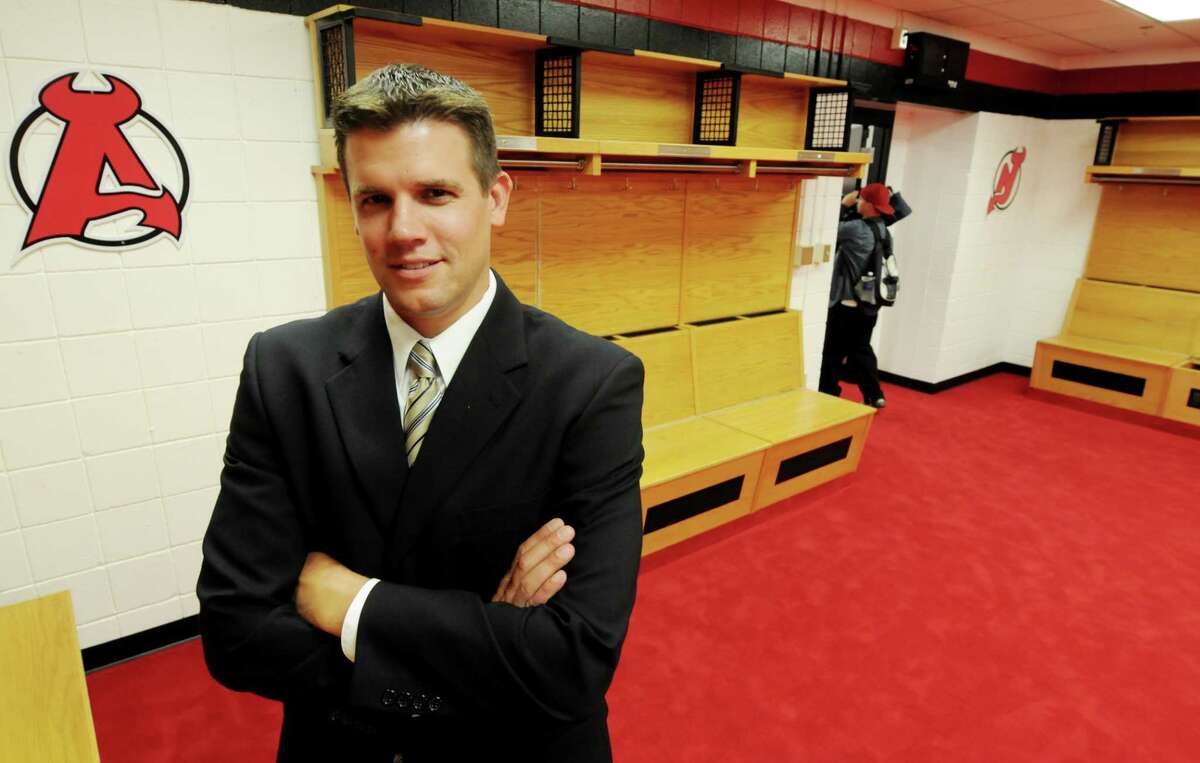 New Albany Devils Head Hockey Coach Rick Kowalsky, in the new Devil's locker room in the Times Union Center in Albany, NY, on Thursday, August 26, 2010, following an introductory press conference held at the arena to commemorate the return of the New Jersey Devils American Hockey League Team to the Capital Region. Kowalsky, a former coach of the year will lead the Jersey Devils top development team as they transfer operations from Lowell, Mass. and prepare for the upcoming season to play their home games in the Times Union Center. The facility made improvements to this team locker room, and the adjoining dressing room, player lounge, and workout room, as an enticement for the team to relocate to keep AHL Hockey in Albany and for the comfort of the team. Photos for daily sports and news coverage. (Luanne M. Ferris/Times Union)