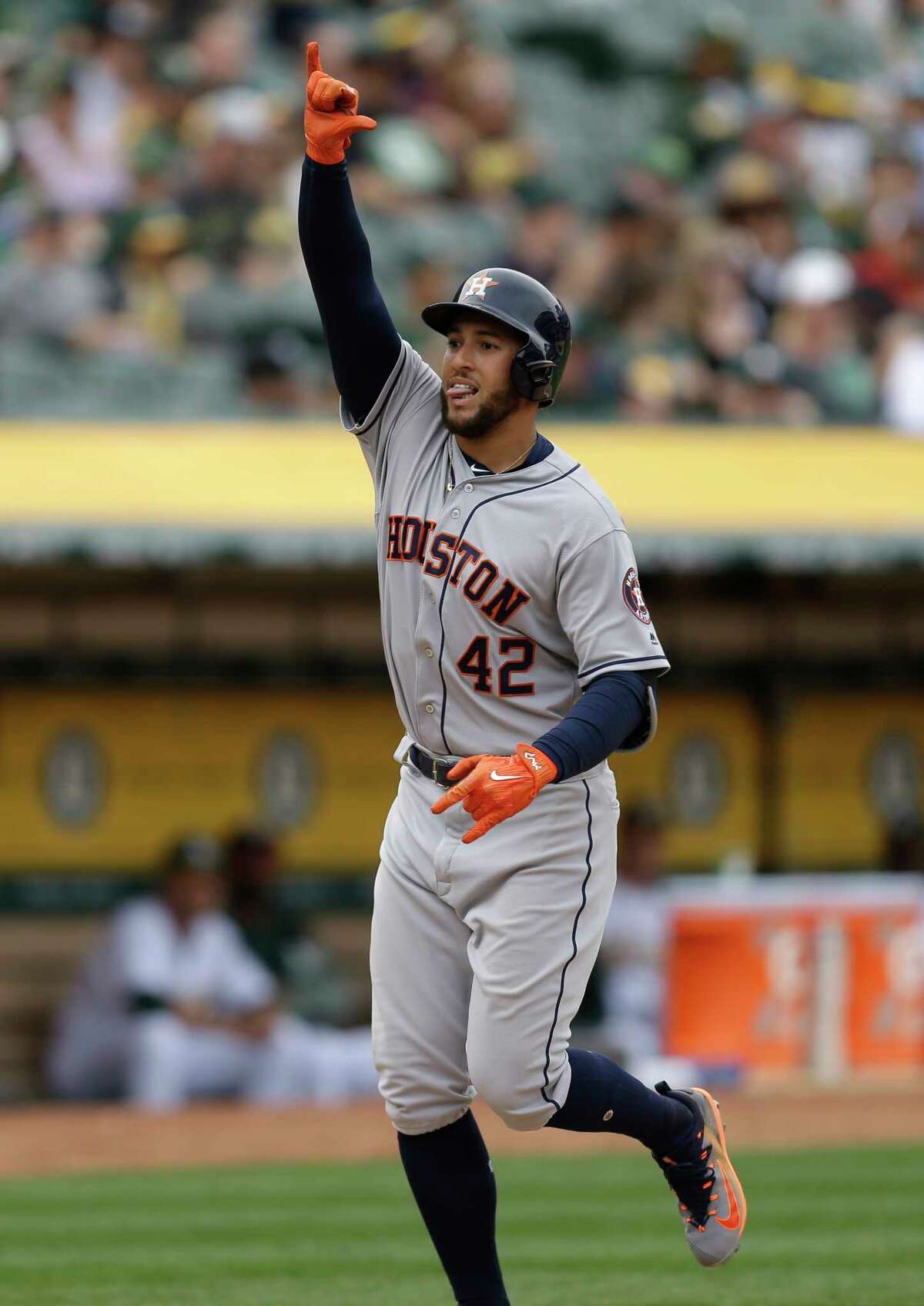 HOUSTON, TX - SEPTEMBER 15: Houston Astros starting pitcher Lance McCullers  Jr. (43) watches the pitch in the top of the first inning during the MLB  game between the Oakland Athletics and